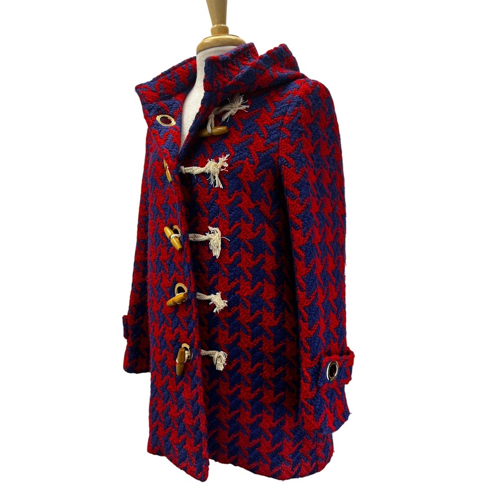 Judith March Duffle Coat Womens S Red Blue Excellent Houndstooth Hooded Toggle - Picture 2 of 9